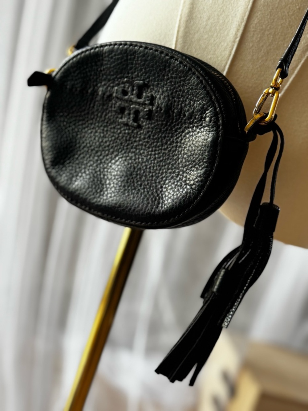 Tory Burch Black Pebbled Leather Mini Crossbody Coin Purse Tassel Bag
